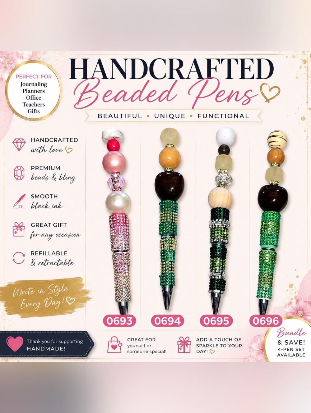 Beaded Crystal Accent Ballpoint Pen - Green and Pink Options